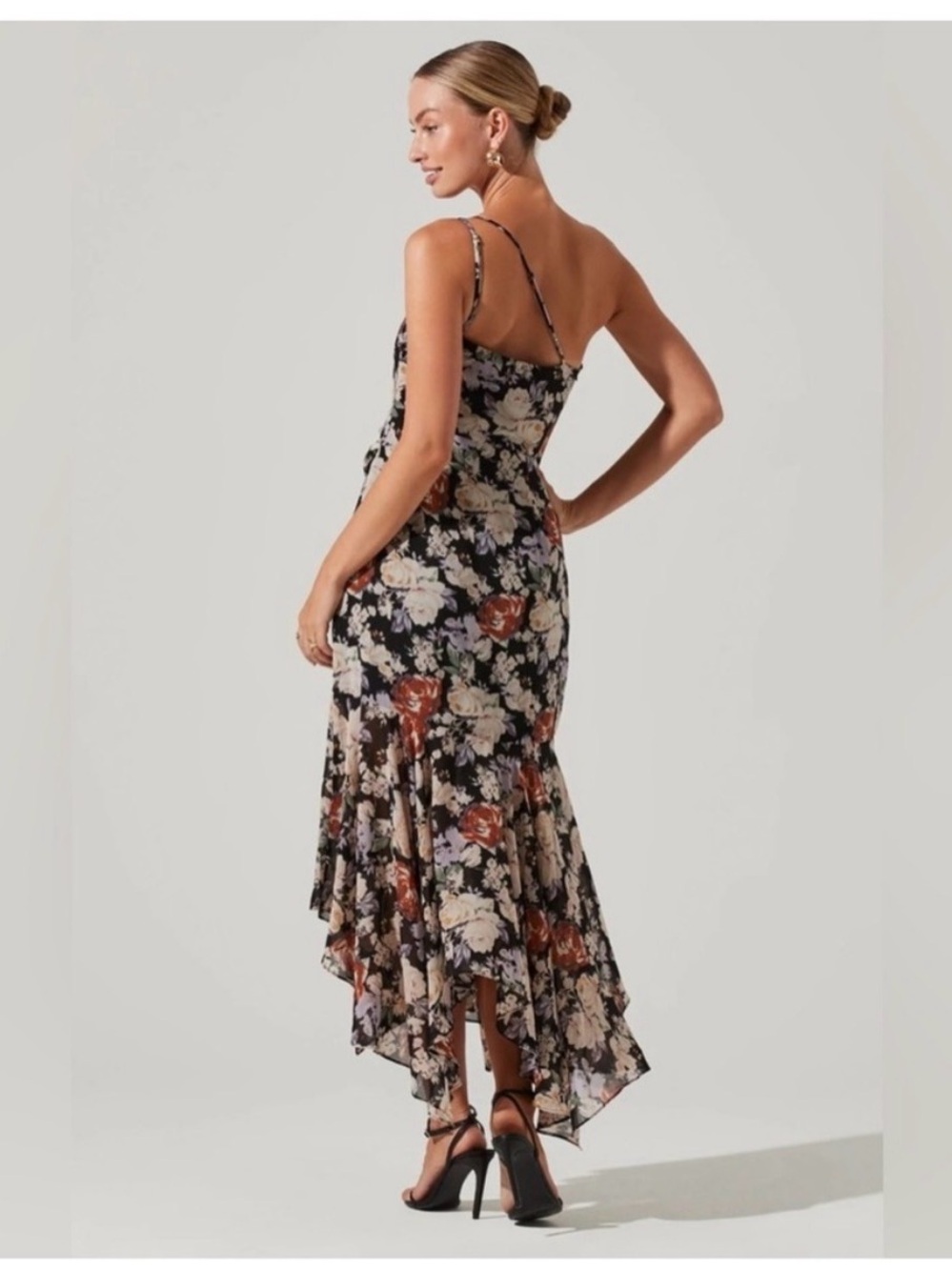 ASTR The Label Emmylou One Shoulder Black and Floral Midi Dress | Size M - Picture 4 of 10